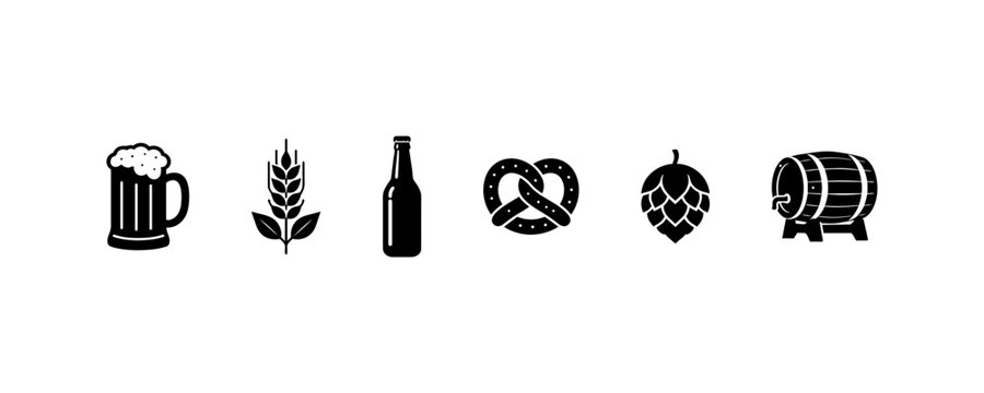 Beer wheat bottle pretzel hop and barrel icons