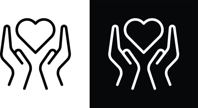 Heart and hands icon pack in black and white colors