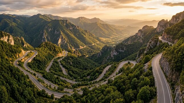 Carretera sinuosa atravesando un paisaje monta&ntilde;oso vista desde el aire. Curvas serpenteantes entre monta&ntilde;as verdes y acantilados con luz c&aacute;lida de atardecer, ideal para conceptos de viaje, aventura y 