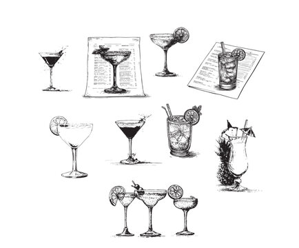 Mojito cocktails bar doodle icon set