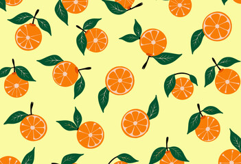 Obraz premium Seamless Pattern of Fresh Sliced Oranges and Green Leaves on Light Yellow Background Providing a Vibrant and Refreshing Citrus Fruit Design