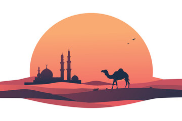A wild camel silhouette stands against a sunset sky in a desert landscape safari illustration featuring a sun over distant hills © Anik