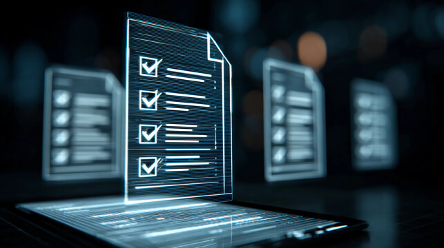 Law regulation and compliance concept displayed on a virtual screen with digital documents and checkbox lists. Concept of legal rules, policy adherence, auditing, and regulatory control in business