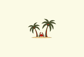 Obraz premium Vibrant Tropical Beach Illustration Featuring a Cheerful Crab Between Two Majestic Palm Trees on Sandy Island Oasis