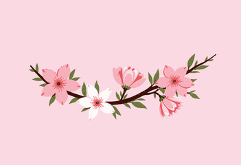 Fototapeta premium Elegant Illustration of Delicate Pink and White Blossom Flowers on a Graceful Branch Against a Soft Pastel Pink Background in Minimalist Style