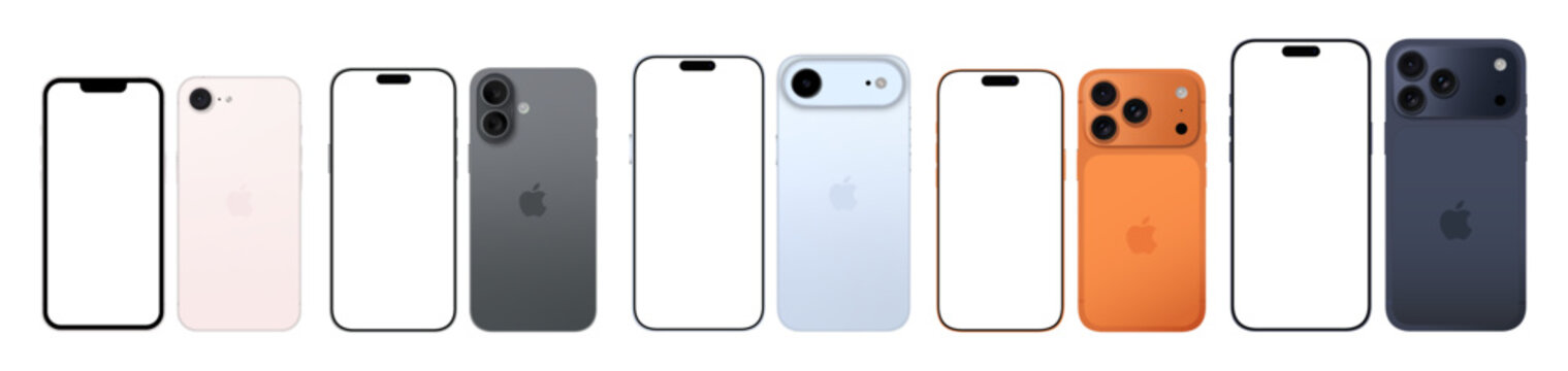 iPhone 17 Series (2026) vector illustration in an editorial style. Showcasing a futuristic design, edge-to-edge display, and advanced camera system. 17e, 17, Air, 17 Pro and Pro Max	