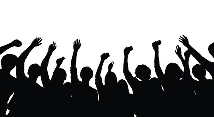 Black and white vector graphic illustration silhouette of excited people raising hands at a lively event