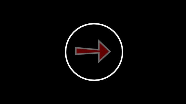 Red arrow symbol inside white circular border flashing on black background creates dynamic rhythmic motion for directional navigation and signage clip