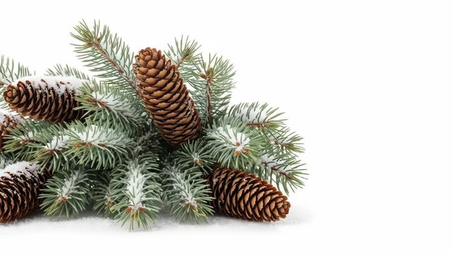A close-up image of a green pine branch with several brown pinecones on a white background