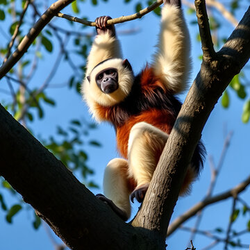 White-handed Gibbon (Hylobates lar) hanging on a tree