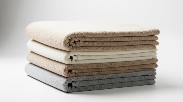 A neatly stacked pile of five folded blankets in various shades