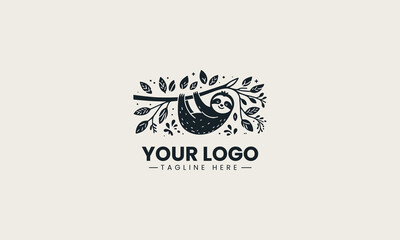 Fototapeta premium Black sloth hanging on tree branch represents relaxed lifestyle brand identity concept in clean minimalist vector logo design isolated on white background