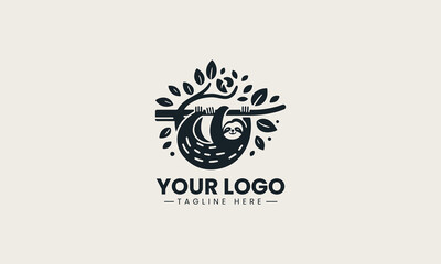 Fototapeta premium Black sloth hanging on tree branch represents relaxed lifestyle brand identity concept in clean minimalist vector logo design isolated on white background