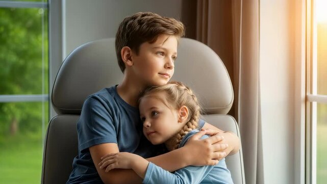 Caucasian boy hugging girl, feeling safe and secure while looking outside a window, demonstrating sibling love and childhood.