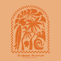 Fototapeta premium Endless Summer retro print design. hand made tropical elements. surfboard palm tree big waves and sunset together make tee t-shirt sweatshirt design. summer beach artwork. 