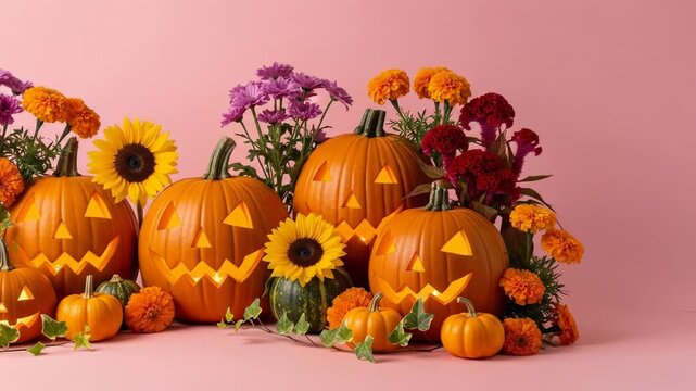 An arrangement of carved and uncarved pumpkins with vibrant flowers on a pink background