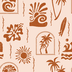 Fototapeta premium Summer retro print design. hand made tropical pattern. seamless surfboard palm tree big waves and sunset together make tee t-shirt sweatshirt design. summer beach print artwork.