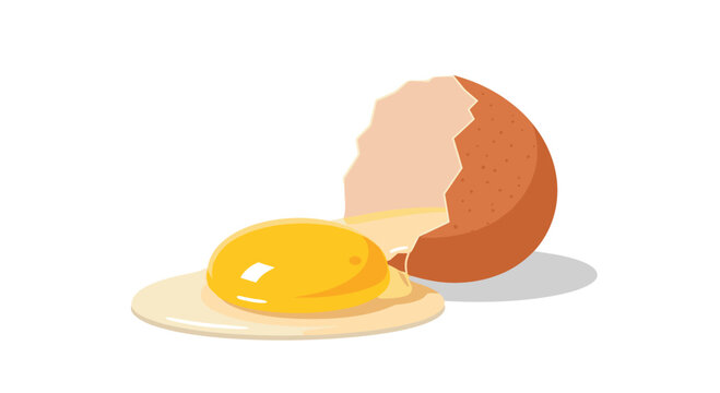 A single brown egg is cracked open, its yellow yolk and white liquid pooled on a white surface, with one shell half beside it.