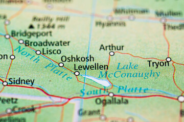 Naklejka premium Detailed map view of Oshkosh Lewellen and Lake McConaughy in Nebraska.