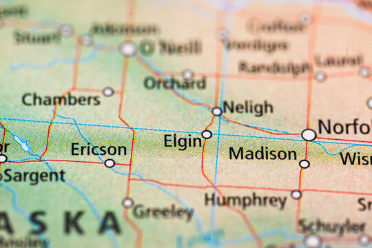 Macro view of Elgin and Madison on Nebraska state road map.