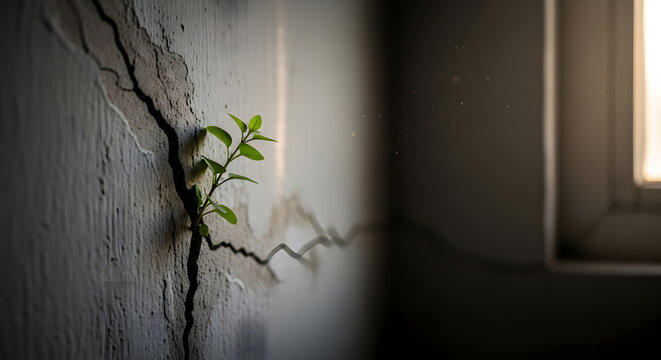 Green sprout growing through wall crack | Symbolic resilience hope and strength concept | New life emerging in dark room with cinematic lighting | Growth against adversity and perseverance | Moody atm