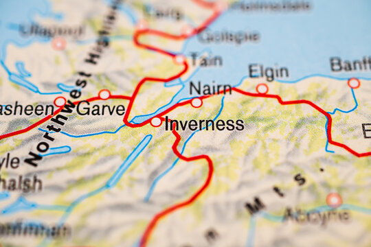 Detailed road map highlighting Inverness and Nairn in Scottish Highlands region.