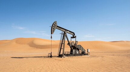 Oil pump jack operating in a desert landscape under clear blue sky representing energy production petroleum industry and industrial extraction.