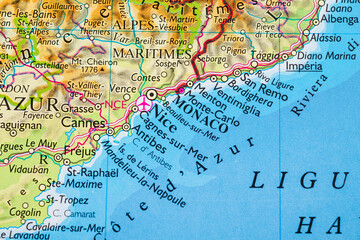 Obraz premium Detailed map of Monaco Nice and French Italian Riviera coastline.