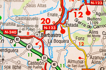 Colorful atlas map detail featuring Barbastro and regional highways in Aragon Spain.