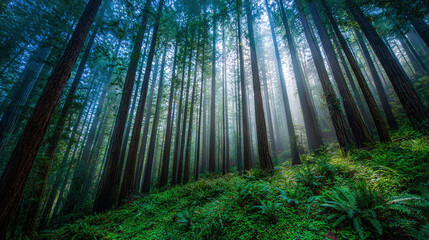 Fototapeta premium Dense Forest with Tall Trees and Sunlight Rays