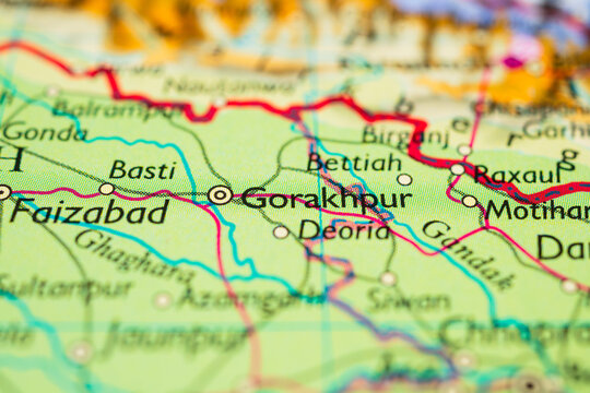 Gorakhpur and Deoria region featured on northern India political road map.