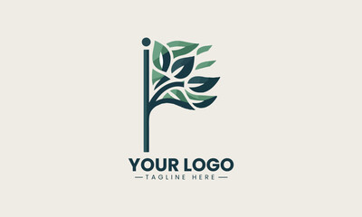 Fototapeta premium Leaf shaped flag logo represents eco friendly business brand identity concept in clean minimalist black vector illustration isolated on white background