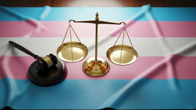 A gavel and balance scale sit atop a flag with horizontal blue, pink, white, pink, and blue stripes