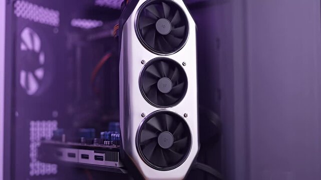 Triple Fan High End Graphics Card Inside Computer Case with Purple Lighting