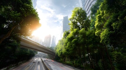 Lush green trees line a highway leading to a modern city skyline under bright sunlight