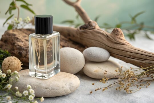 Elegant perfume bottle on natural stones with driftwood and flowers