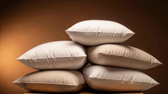 A stack of five white pillows on a wooden table against a brown background