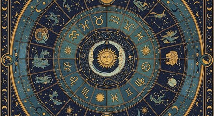 Astrological Wheel with Zodiac Signs and Symbols.