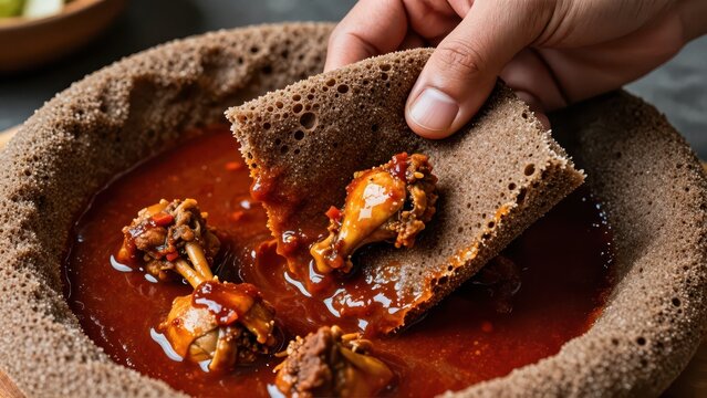 Extreme closeup of hand tearing spongy Injera bread, dipping piece into rich, oily red Doro Wat chicken stew sauce, high contrast, vibrant Ethiopian food