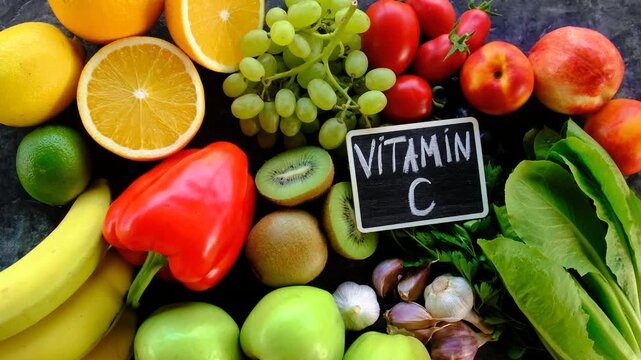 Products containing vitamin C. Selective focus.