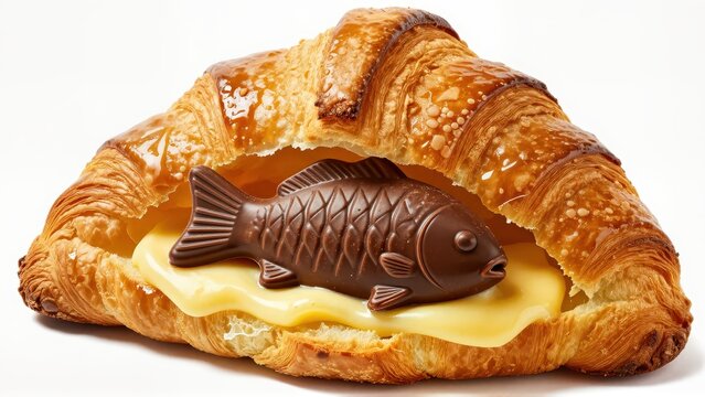 Crosssection view of a golden-brown, flaky French croissant with a detailed, dark chocolate fish sculpture perfectly nestled inside.