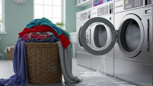 A laundry room with a wicker basket overflowing with colorful clothes next to stacked washing machines