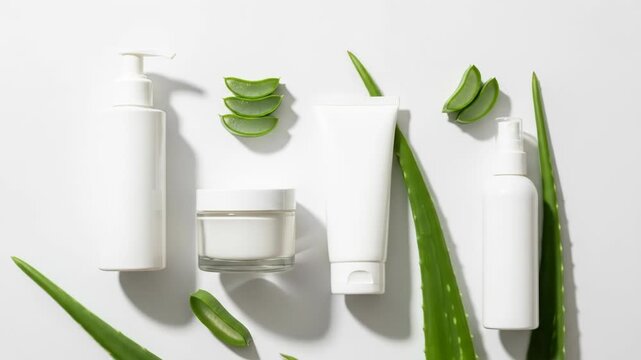A flat lay of white cosmetic containers surrounded by aloe vera leaves and slices on a light gray background