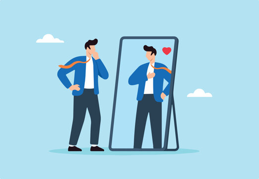 Flat illustration of confident businessman looking at mirror with admiration symbolizing self-love self-esteem and positive thinking