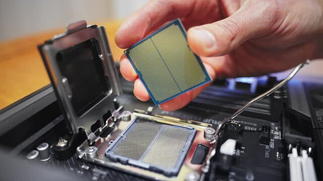 Macro of a technician installing a CPU. Precision hardware assembly. IT tutorials, hardware news, and PC building guides