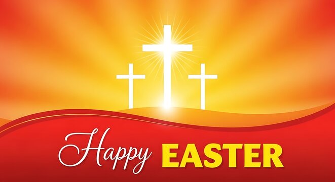 Easter sunday celebration with crosses on hill at sunrise happy easter greeting