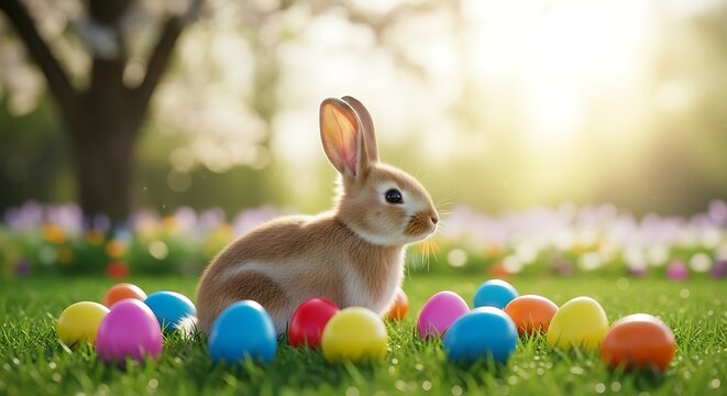 Easter sunday celebration with bunny and colorful eggs in green grass