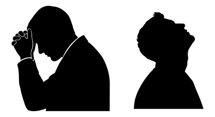 Black silhouette vector illustration of two men showing different emotional states: one with head down and hands clasped in prayer or despair, and another with head tilted back looking up © Saheb