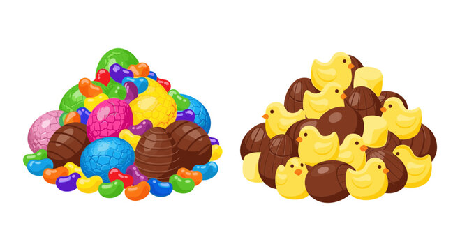 Colorful Easter Candy Piles Vector Illustration with Chocolate Eggs, Jelly Beans, and Yellow Chicks for Holiday Designs