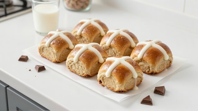 Freshly iced hot cross buns and scattered milk chocolate pieces on a clean, white kitchen surface, bathed in bright, highkey illumination, perfect for